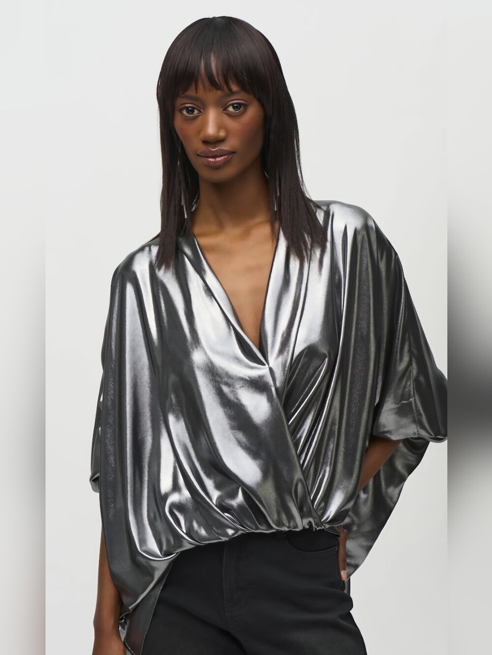 Metallic pewter Joseph Ribkoff Foiled Chiffon Wrap Top (Style 244232)